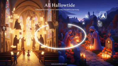 "Banner showing All Saints’ Day with golden cathedral light, saint symbols, and acts of kindness, and All Souls’ Day with candles, memory altars, and reflective cemetery, connected by a glowing halo."
