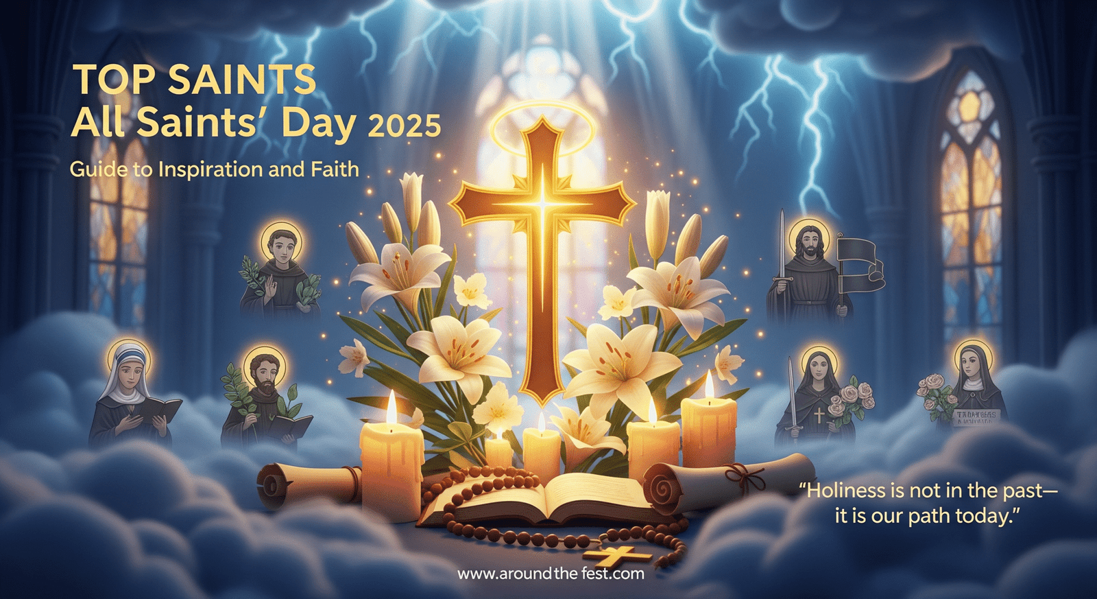 glowing golden cross with halo, surrounded by white lilies, candles, rosary beads, and scrolls of wisdom, with stained-glass light rays and saintly symbols of St. Francis, St. Teresa, St. Joan, St. Augustine, and St. Thérèse in a warm heavenly glow."
