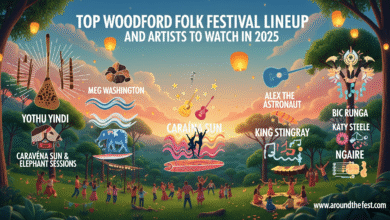 Surreal illustrated banner of Woodford Folk Festival 2025 showing Yothu Yindi, Meg Washington, Alex the Astronaut, Caravãna Sun, King Stingray, Bic Runga, Katy Steele, and Ngaiire with stylized forest, floating lanterns, musical motifs, and festival workshops, highlighting diverse stages and performances."