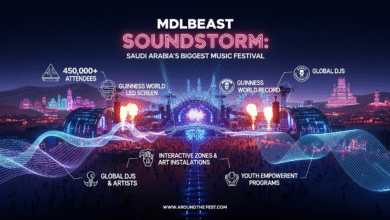 Featured banner of MDLBEAST Soundstorm in Saudi Arabia showing festival stages, LED lights, pyrotechnics, soundwaves, and key facts like attendance, world records, global artists, and interactive zones, no humans."
