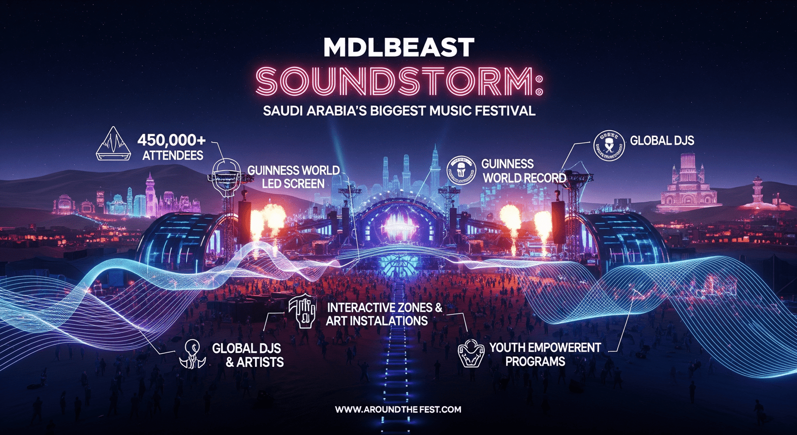 Featured banner of MDLBEAST Soundstorm in Saudi Arabia showing festival stages, LED lights, pyrotechnics, soundwaves, and key facts like attendance, world records, global artists, and interactive zones, no humans."