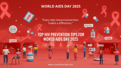 “World AIDS Day 2025 banner showing HIV prevention tips with people testing, sharing information, clinic tents, red ribbons, and quote: ‘Every step toward prevention makes a difference.’”