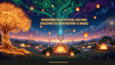 “Woodford Folk Festival Culture banner with lanterns, folk art, and stage lights – Discover Its Rich History & Magic.”
