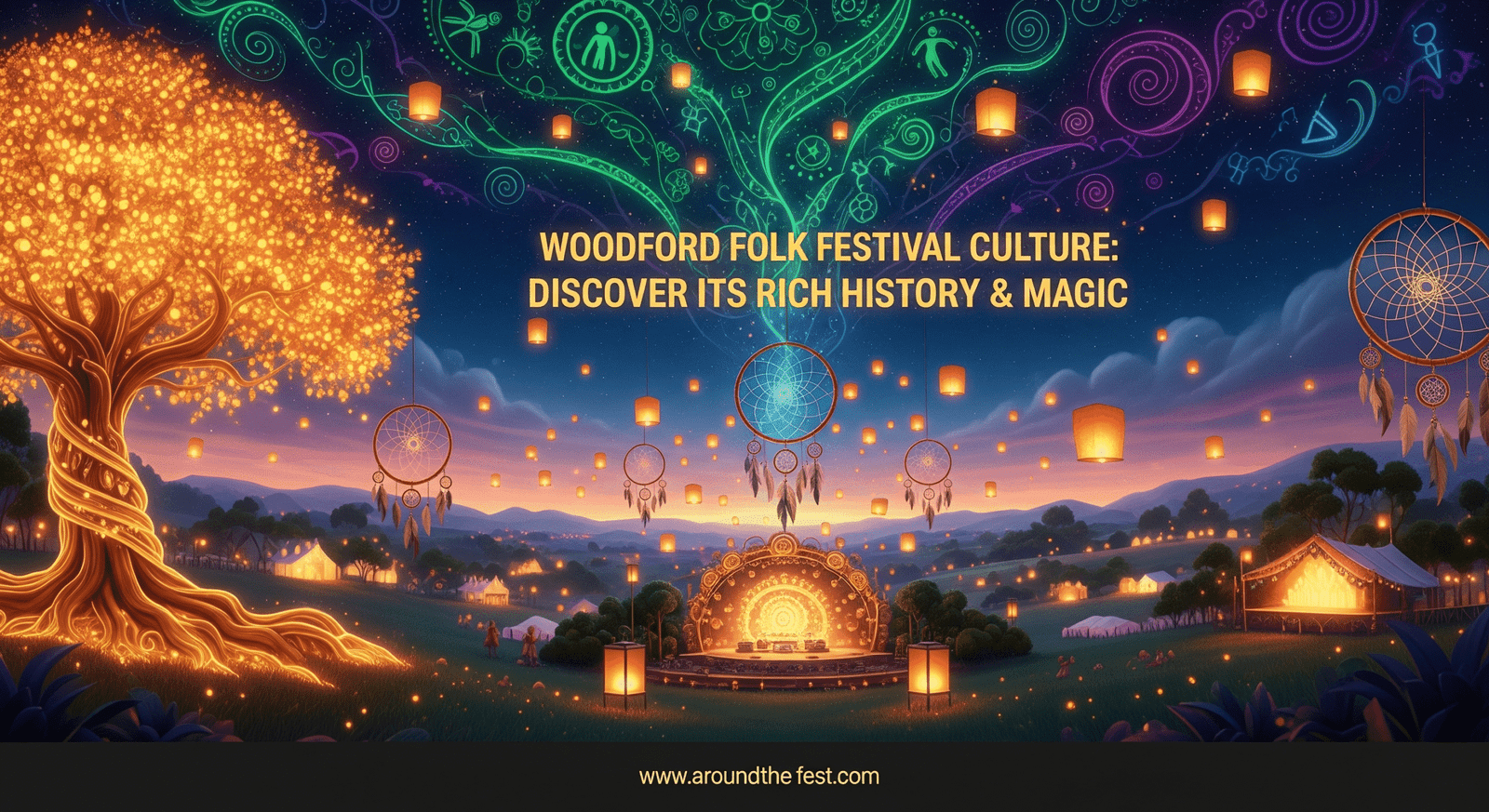 “Woodford Folk Festival Culture banner with lanterns, folk art, and stage lights – Discover Its Rich History & Magic.”
