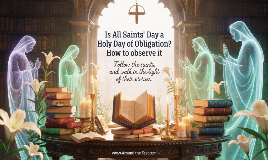 Alt Text: “Featured banner for ‘Is All Saints’ Day a Holy Day of Obligation? How to Observe It’ showing levitating saintly books, glowing halos, floating lilies, candles, and the quote ‘Follow the saints, and walk in the light of their virtues.’”