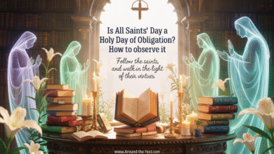 Alt Text: “Featured banner for ‘Is All Saints’ Day a Holy Day of Obligation? How to Observe It’ showing levitating saintly books, glowing halos, floating lilies, candles, and the quote ‘Follow the saints, and walk in the light of their virtues.’”
