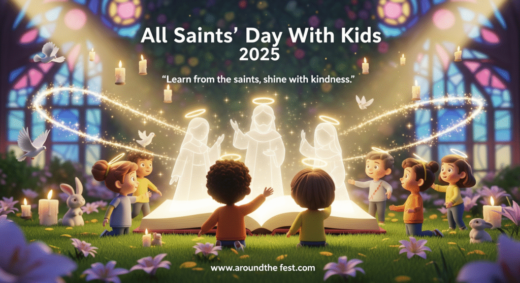 “Featured banner for ‘All Saints’ Day With Kids 2025’ showing children around a glowing storybook with haloed saints, floating candles, lilies, and gentle animals in a whimsical garden setting.”