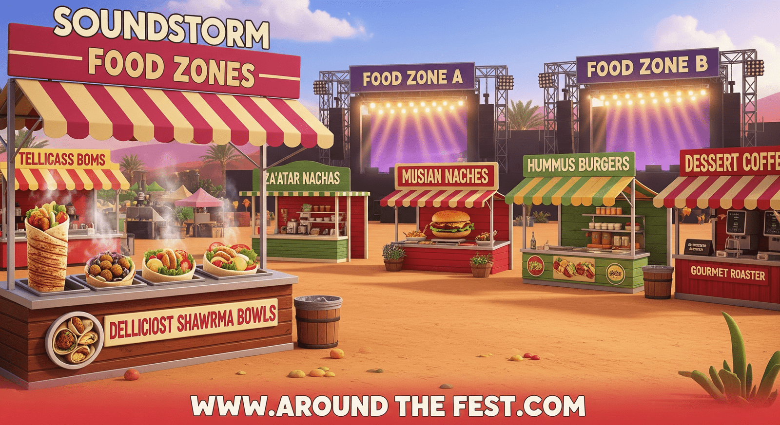 "Food & Culinary Experiences at Soundstorm 2025 featuring shawarma, falafel, fusion food stalls, gourmet coffee, and dessert kiosks near main stages."