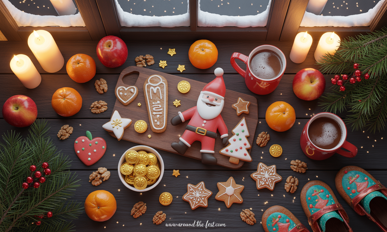 “Classic St. Nicholas Day treats in Europe: oranges, nuts, chocolate coins, gingerbread, and festive drinks with cozy crafts.”