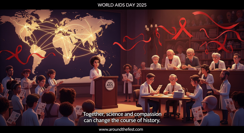 "Illustration of the formation of the World AIDS Foundation, showing Elizabeth Taylor advocating, scientists collaborating, volunteers educating communities, and global connections with red ribbons symbolizing HIV/AIDS awareness, with quote: 'Together, science and compassion can change the course of history.' "
