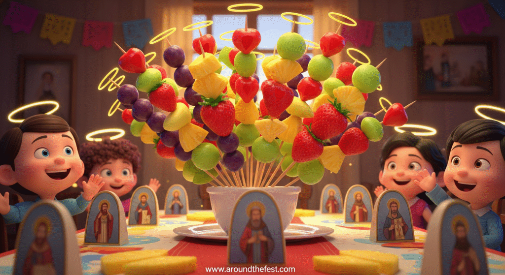 “Fruit & Virtue Skewers with colorful fruits symbolizing virtues like love, faith, joy, and courage, served