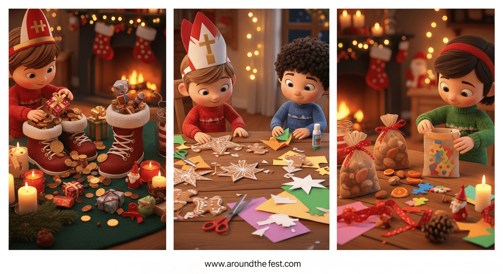 Split-scene St. Nicholas Day 2025 illustration: children discovering chocolate coins and toys in shoes, making handmade ornaments, and filling mini gift bags with nuts and dried fruits, cozy festive indoor setting.”
