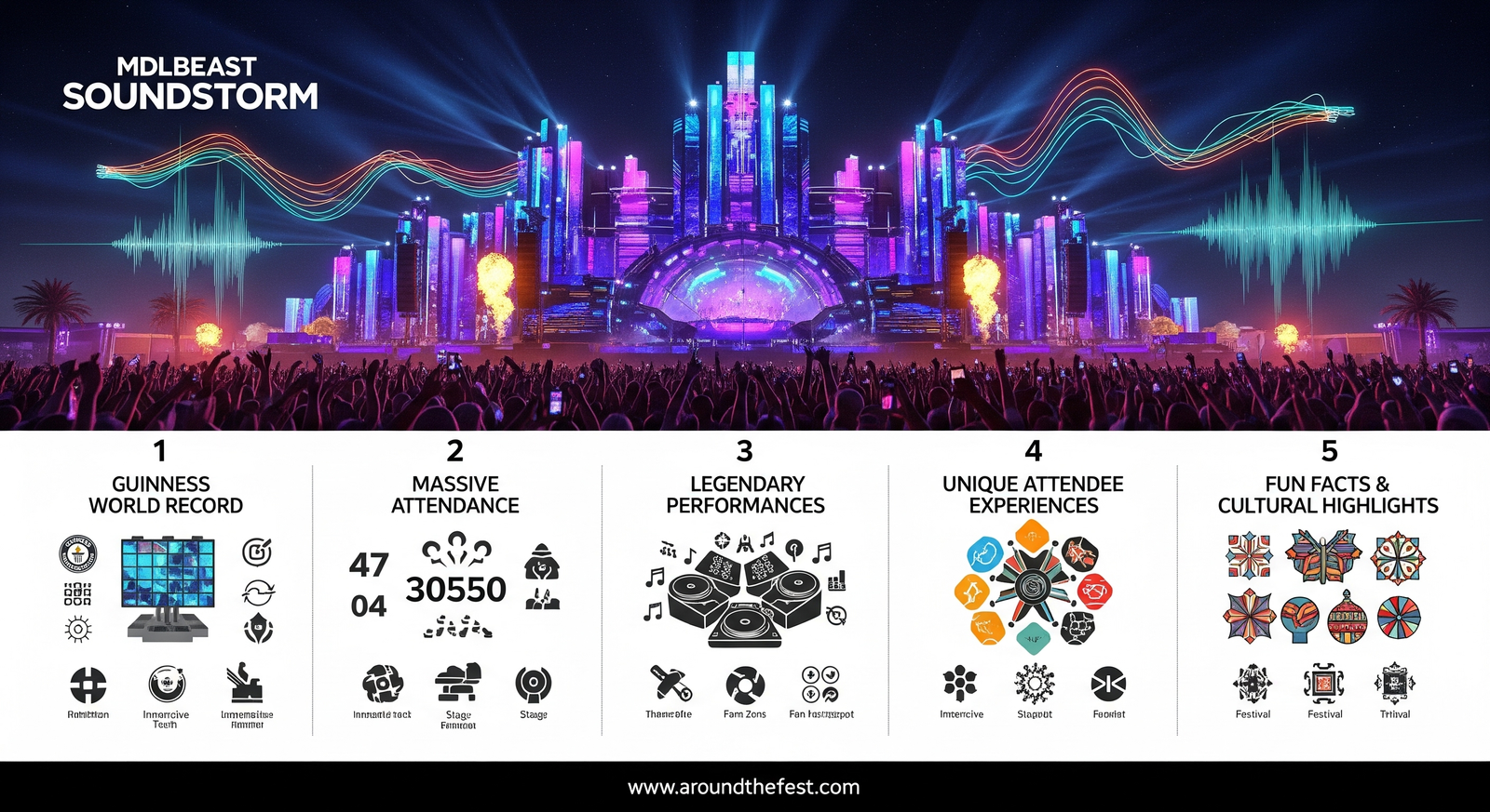 infographic showing Guinness World Record, massive attendance, legendary performances, unique experiences, and cultural highlights, using symbols and icons with no humans."