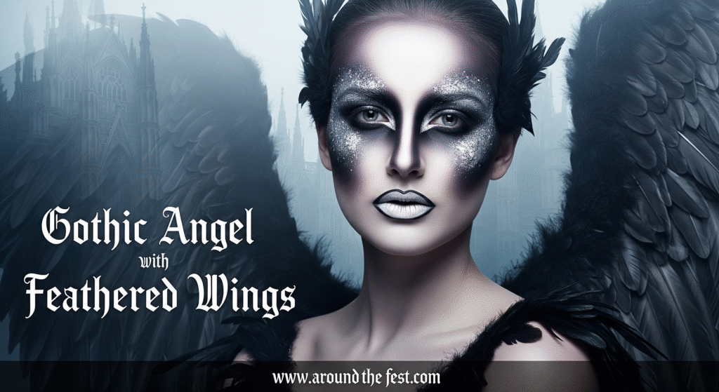 Ultra-realistic Gothic Angel Halloween makeup with black and silver tones, feather accessories, and 'Gothic Angel with Feathered Wings' written on the image."