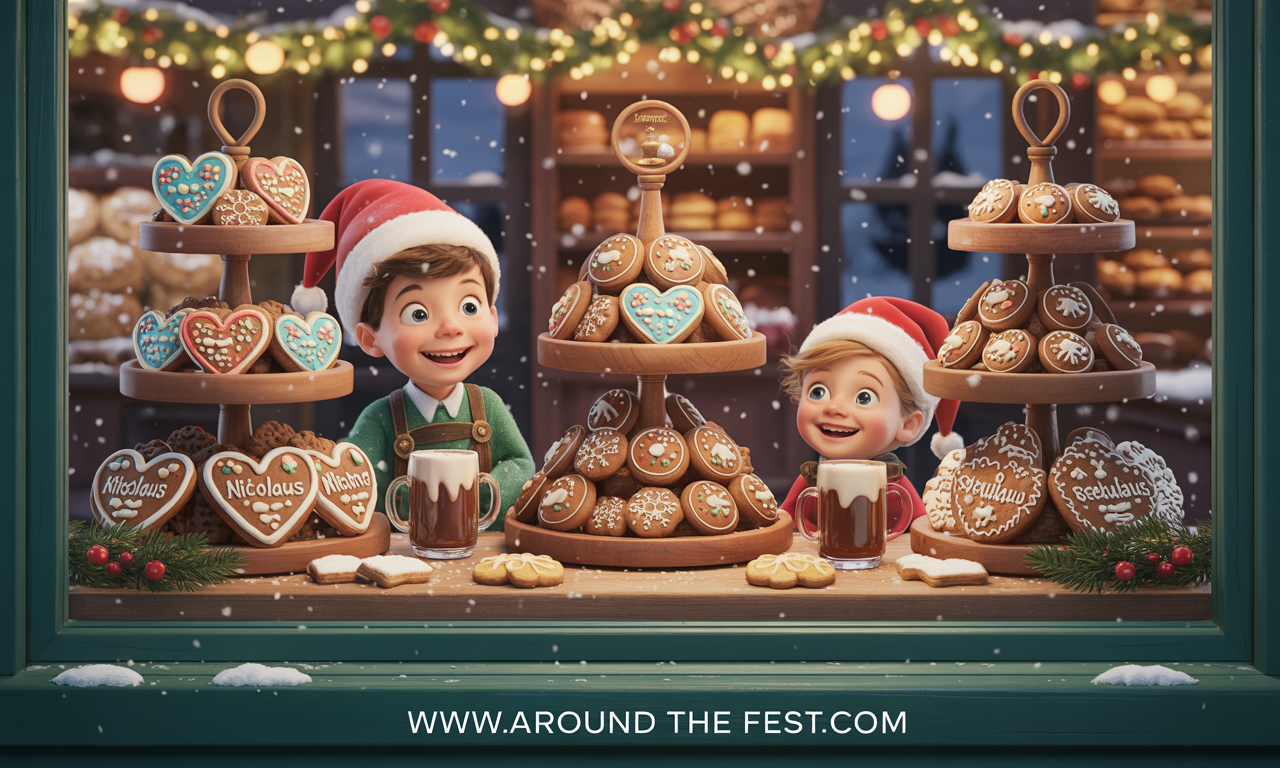 “German St. Nicholas Day treats: Lebkuchen hearts, Spekulatius biscuits, hot chocolate, and Glühwein in a festive Bavarian setting.”