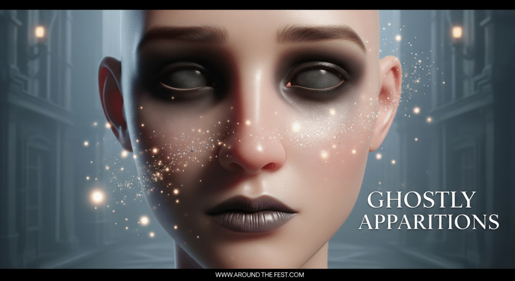 "Photorealistic Ghostly Apparitions Halloween makeup with pale translucent skin, hollow eyes, smoky lips, glitter accents, and 'Ghostly Apparitions' written on the image."