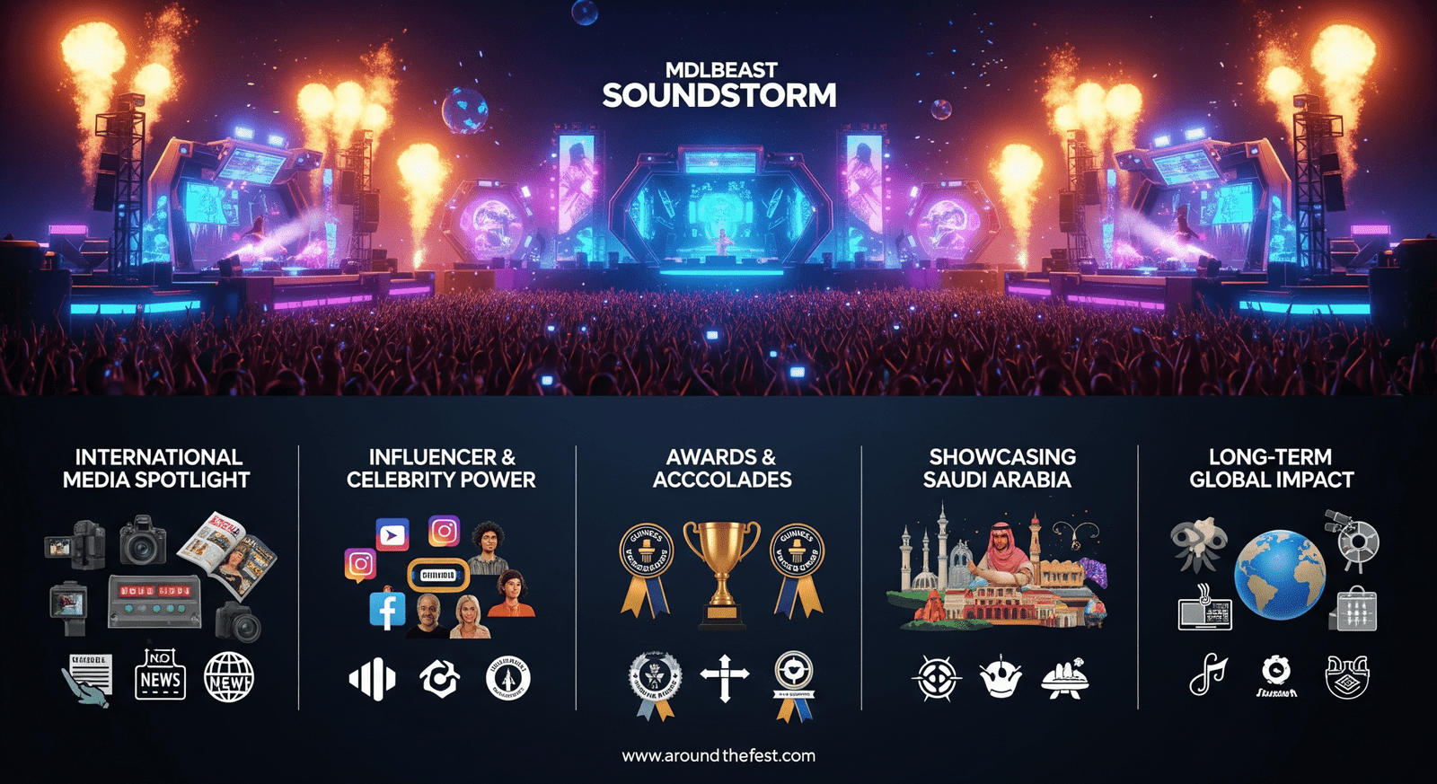  infographic showing global media coverage, awards, cultural showcase, and long-term international impact using symbols and icons, with no humans."