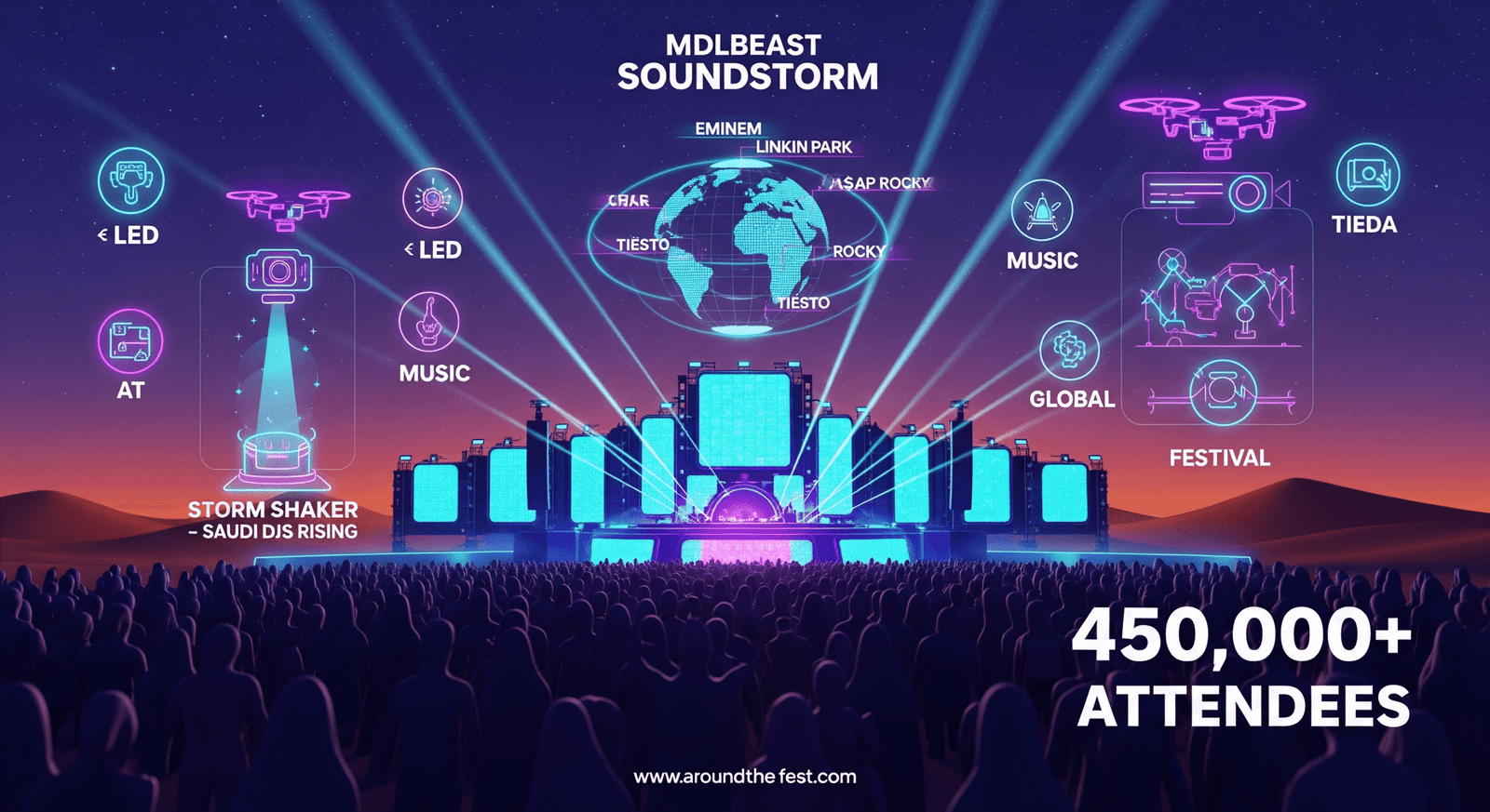 "MDLBEAST Soundstorm 2025 poster showcasing record-breaking 450,000+ attendees, international artist lineup, Saudi talent spotlight, and futuristic stage production."