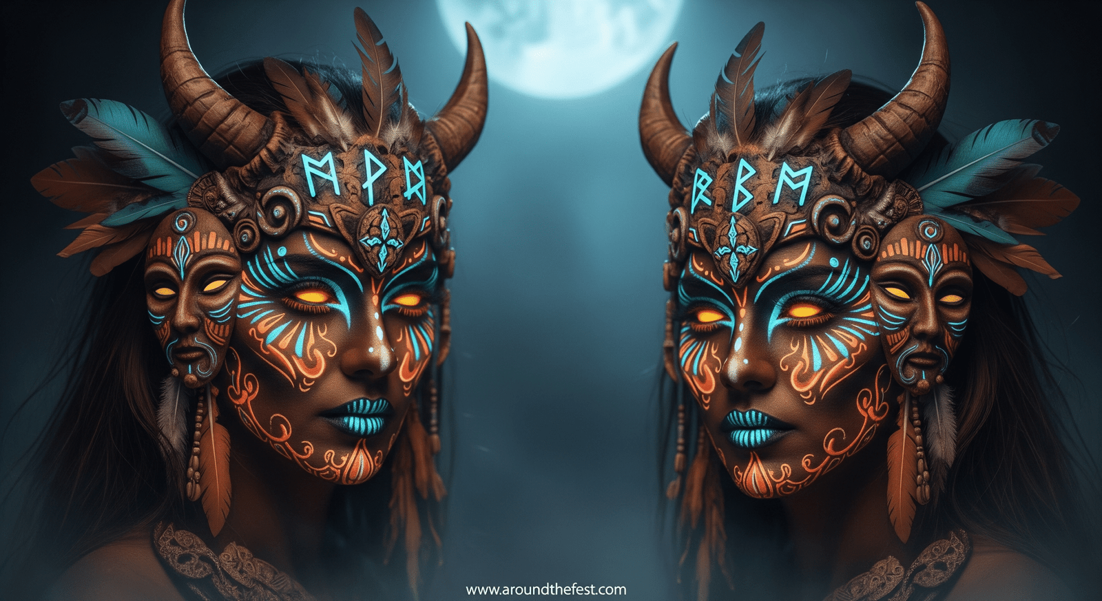  global mythology with runes, masks, and ghostly spirit motifs."