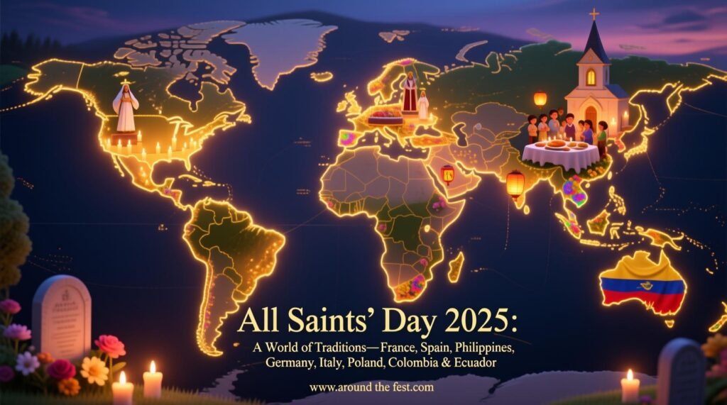 World map illustration of traditions showing France with candlelit cemeteries, Spain with saint processions, the Philippines with lantern vigils, Germany with church services and meals, Italy with parades, Poland with seas of candles, and Colombia & Ecuador with ornate altars, symbolizing global faith and remembrance."