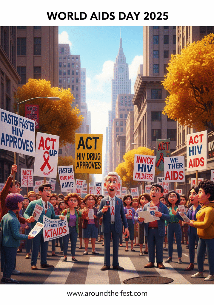 "Illustration of ACT UP activists, volunteers, and celebrity advocacy raising awareness and fighting for HIV/AIDS treatment access in the 1980s–1990s."