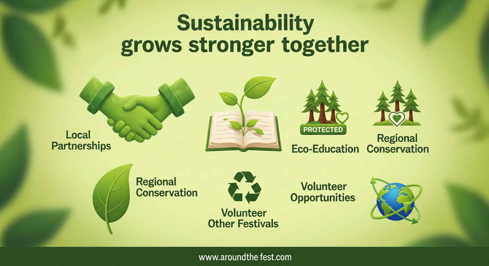 Woodford Folk Festival 2025 infographic showing community partnerships, eco-education, conservation projects, volunteer opportunities, and global inspiration, with the quote 'Sustainability grows stronger together.'"