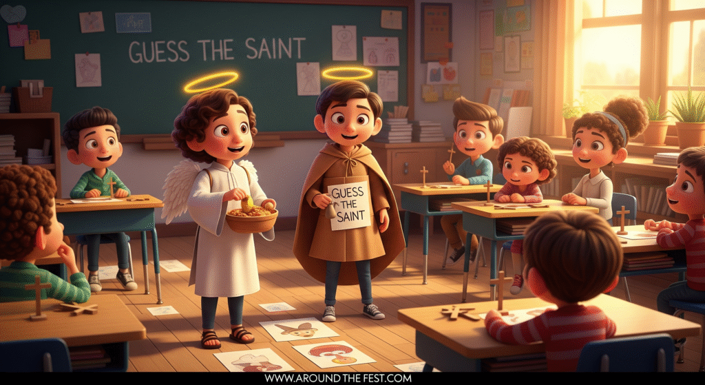“Kids playing ‘Guess the Saint’ charades for using props like halos, cloaks, and crosses while acting out saintly actions.”