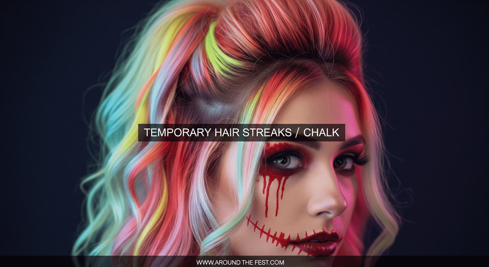 Temporary neon and pastel hair streaks using chalk and spray for quick, washable, and kid-friendly.”