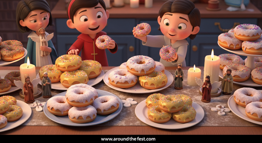 halo donuts decorated with powdered sugar, golden icing, and sprinkles on a festive snack table with saint-themed decorations.”