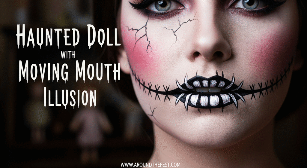 "Ultra-realistic Haunted Doll Halloween makeup with stitched moving mouth illusion, pale skin, and 'Haunted Doll with Moving Mouth Illusion' written on the image."