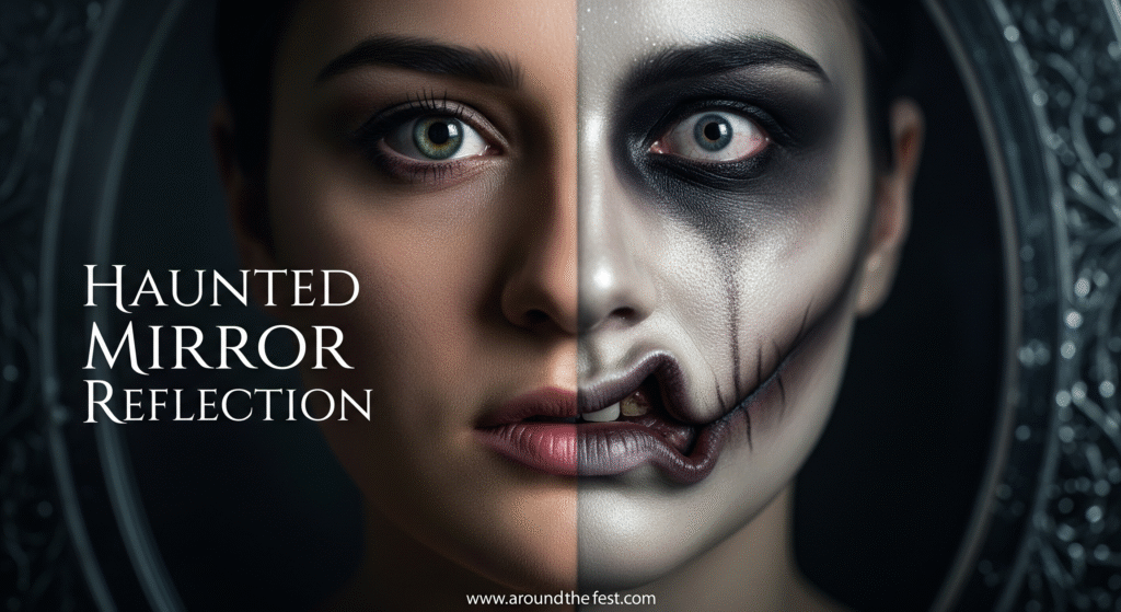 Realistic Haunted Mirror Reflection Halloween makeup with one normal side and one distorted ghostly side, name displayed on the image."