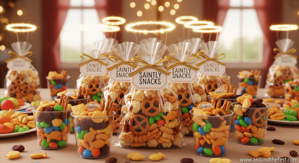 Heavenly Trail Mix snack bags labeled Saintly Snacks with popcorn, pretzels, raisins, M&Ms
