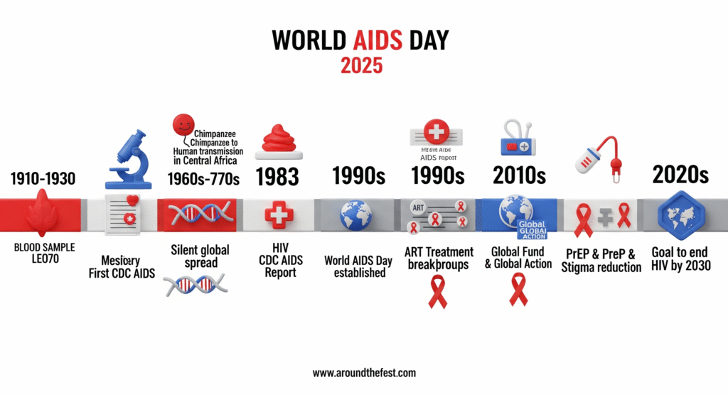 "Infographic timeline showing history of HIV/AIDS from origins in early 1900s to World AIDS Day 1988, ART breakthroughs in 1990s, PrEP in 2010s, and global goal to end HIV by 2030."