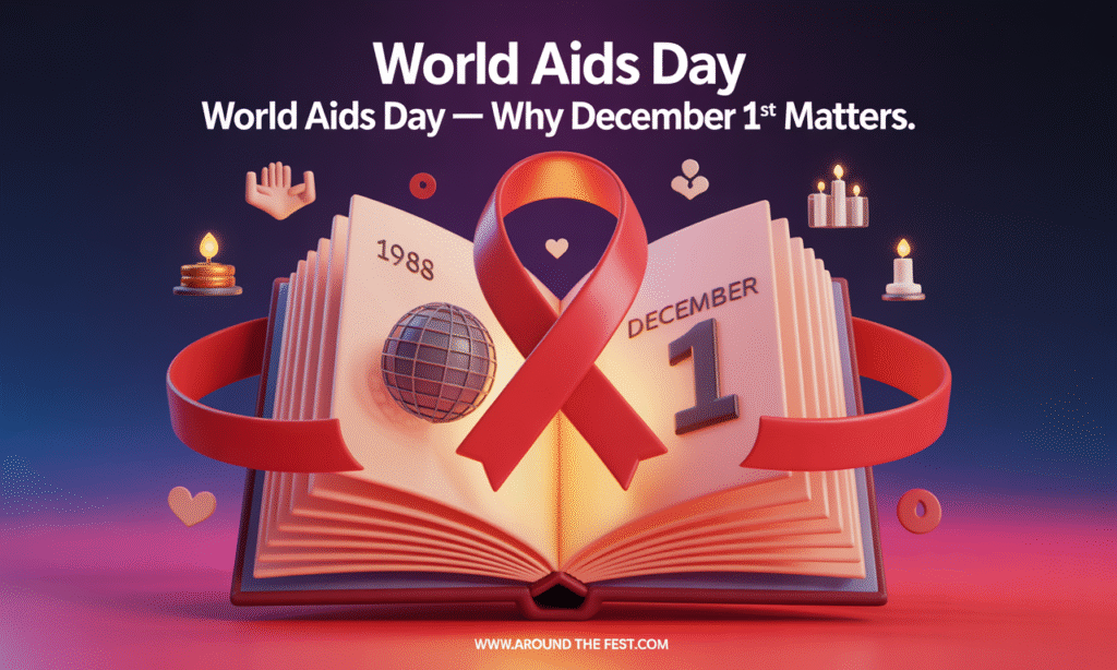 “World AIDS Day banner showing an open glowing red book turning into a ribbon wrapped around the globe, with symbols of unity, candles, and health icons floating in orbit, highlighting why December 1st was chosen.”