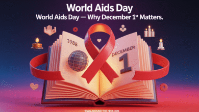 “World AIDS Day banner showing an open glowing red book turning into a ribbon wrapped around the globe, with symbols of unity, candles, and health icons floating in orbit, highlighting why December 1st was chosen.”