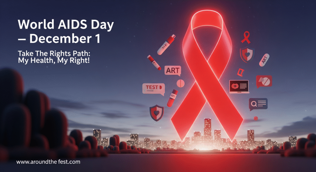 Creative representation of World AIDS Day 2025 with glowing red ribbons, virtual engagement symbols, and healthcare icons, emphasizing education, prevention, and global collaboration.