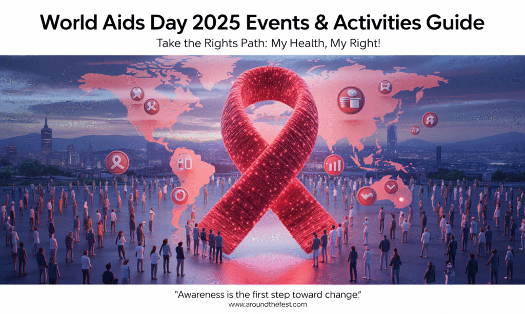 "World AIDS Day 2025 banner with diverse people forming a red ribbon, global map highlights, and the quote 'Awareness is the first step toward change.'"