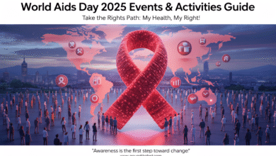 "World AIDS Day 2025 banner with diverse people forming a red ribbon, global map highlights, and the quote 'Awareness is the first step toward change.'"