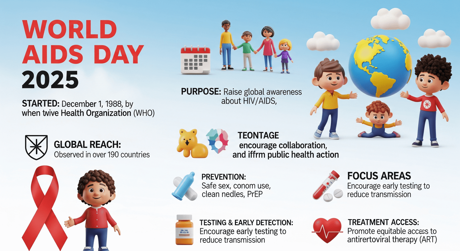 "World AIDS Day 2025 key facts infographic: red ribbon, prevention, testing, treatment, ending stigma, research support, global awareness, and community impact."