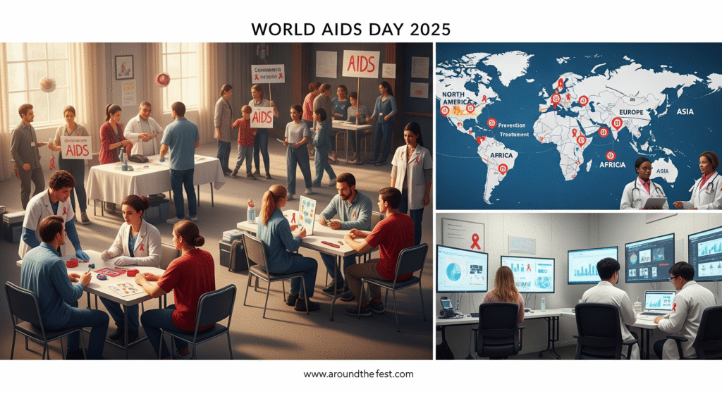 "Realistic illustration of the AIDS Awareness Foundation in action: volunteers and healthcare workers providing HIV testing, educators conducting workshops, scientists collaborating, people wearing red ribbons, and community support activities, with a global map showing North America, Europe, Africa, and Asia, emphasizing HIV awareness, prevention, treatment access, and stigma reduction."