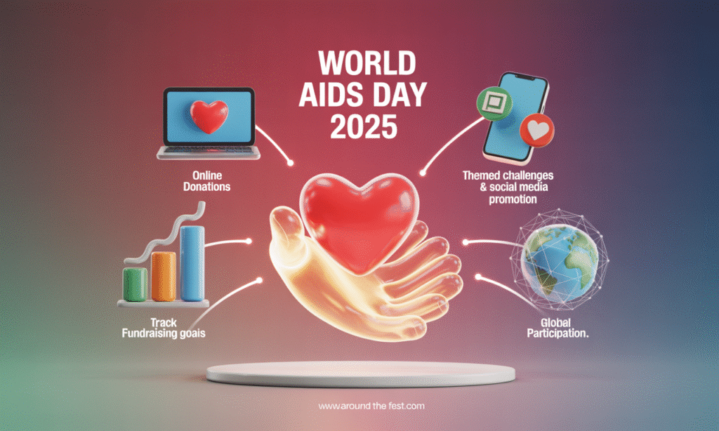 World AIDS Day 2025 infographic showing online donations, social media campaigns, crowdfunding, and global participation for HIV support."