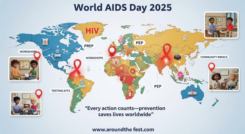 “World map showing HIV prevention efforts with diverse people practicing prevention tips, red ribbons, glowing markers, and quote: ‘Every action counts—prevention saves lives worldwide.’”