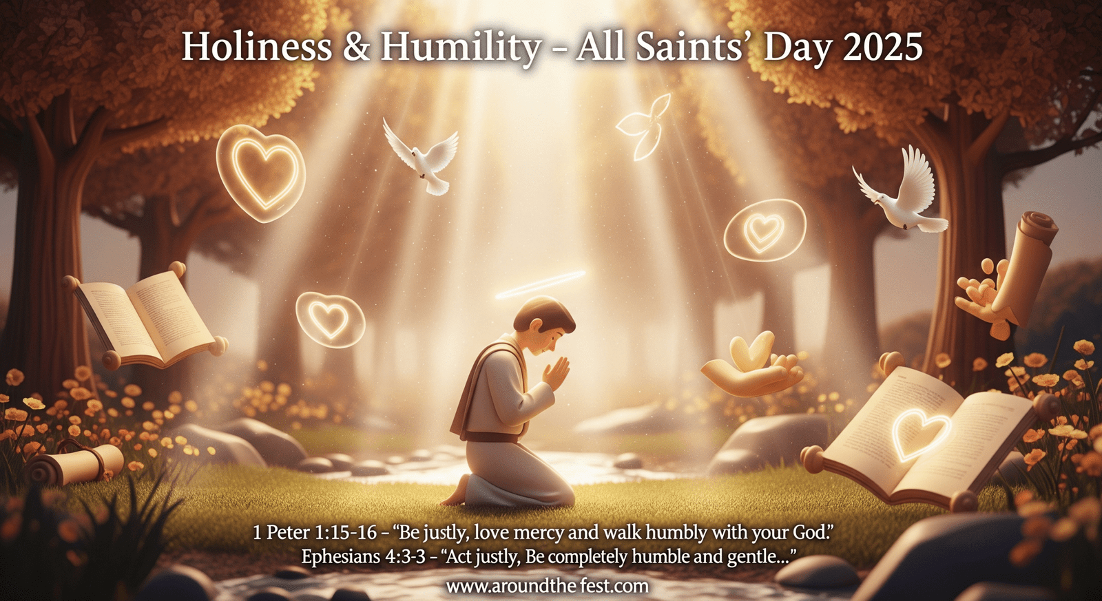 All Saints’ Day 2025 social media visual featuring Bible verses on holiness and humility, glowing light, peaceful natural setting, and symbolic saints, conveying prayer, mercy, and divine guidance."