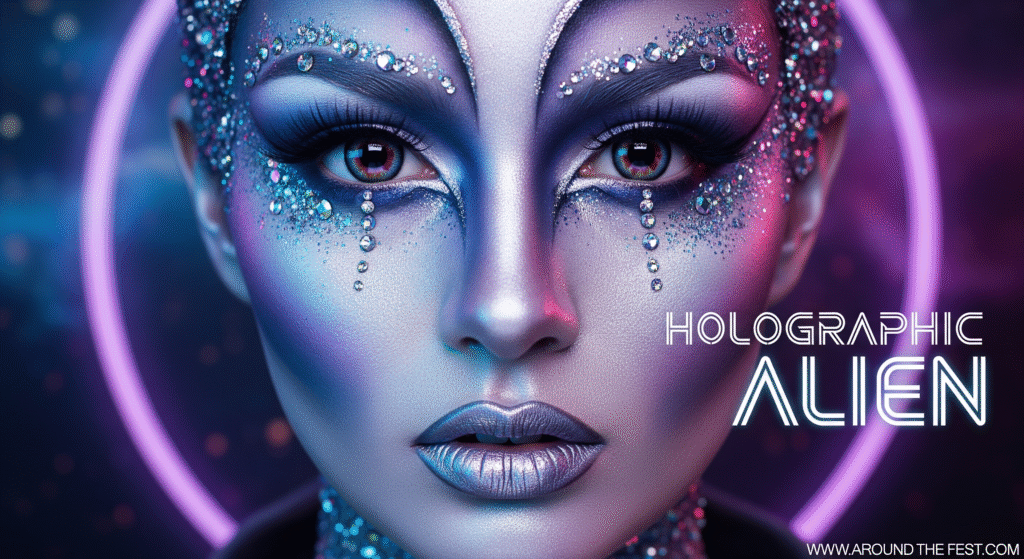 "Ultra-realistic Holographic Alien Halloween makeup with iridescent skin, metallic accents, exaggerated eyes, and 'Holographic Alien' written on the image."
