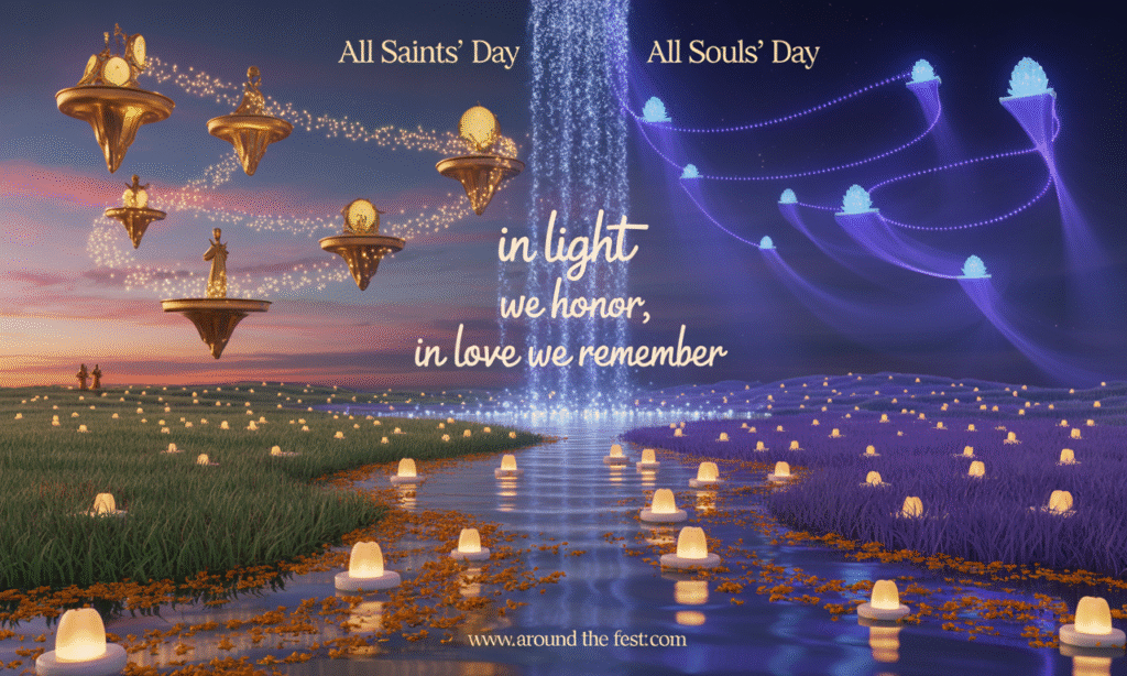 "Nature-inspired illustration with golden forest for All Saints’ Day and moonlit lake with lanterns and marigolds for All Souls’ Day, symbolizing holiness and remembrance."