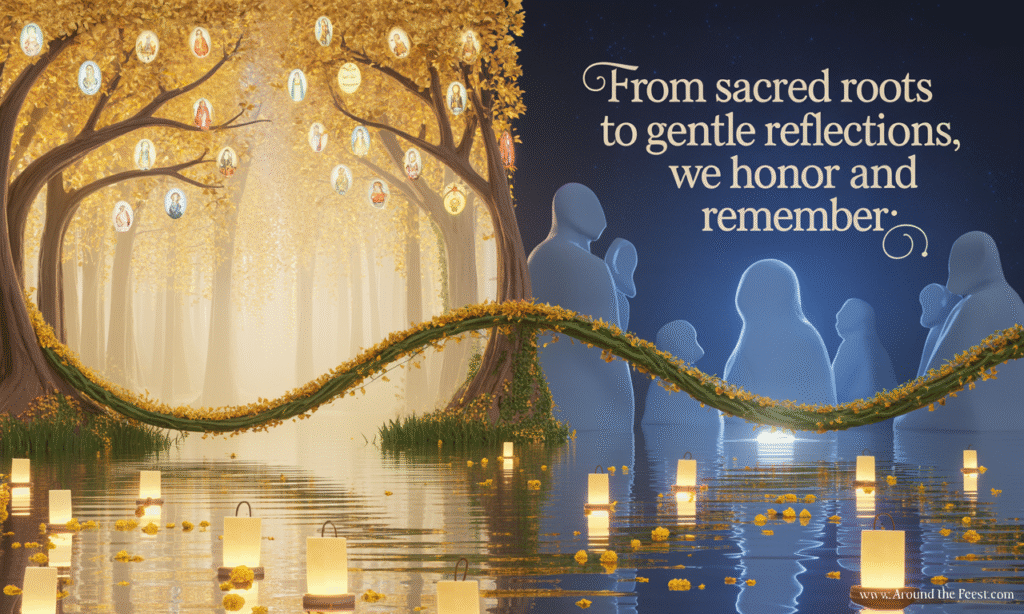 "Nature-inspired illustration with a golden forest representing saints and a moonlit lake with lanterns and marigolds representing departed souls."