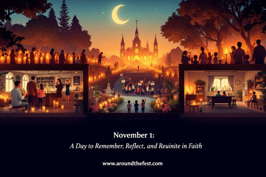  illustration with candlelit cemetery, saint processions, children in church classrooms, and family home altars, with overlay quote ‘November 1: A Day to Remember, Reflect, and Reunite in Faith’."