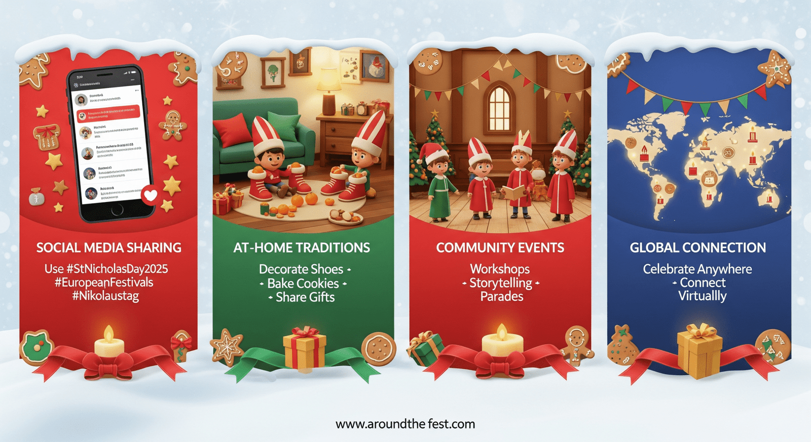 “Infographic poster showing four ways to celebrate St. Nicholas Day 2025: social media hashtags, at-home traditions like shoe decorating, community events with parades and storytelling, and global connection for virtual participation.”