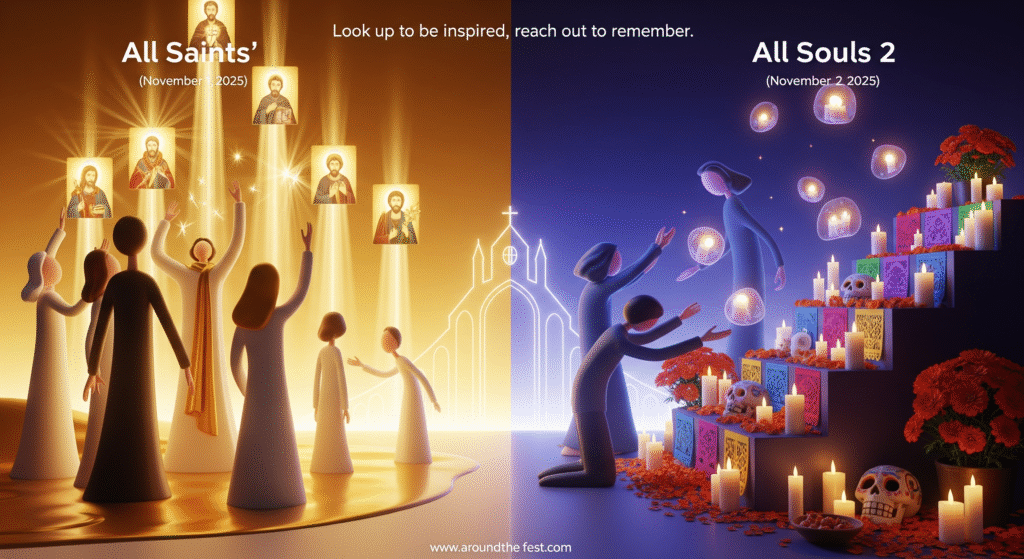 Illustration contrasting with figures looking upward toward saints and with figures reaching out to altars, candles, and loved ones."