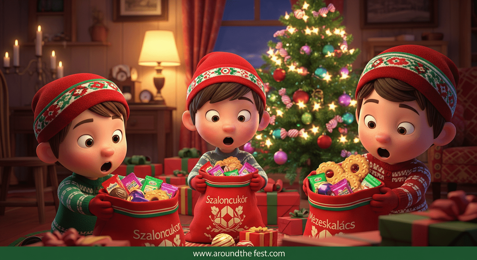 “Hungarian St. Nicholas Day treats: szaloncukor chocolates and mézeskalács honey cookies in festive bags, with candies on a Christmas tree and children enjoying the holiday.”